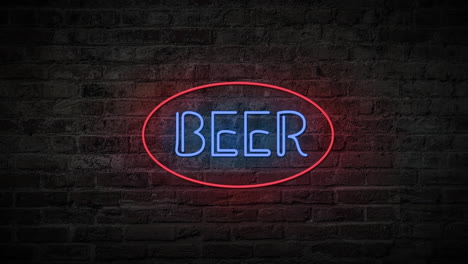 Señal-De-Cerveza-Roja-Y-Azul-Parpadeante-Que-Se-Enciende-Y-Se-Apaga-Con-Un-Parpadeo-En-Una-Pared-De-Ladrillos