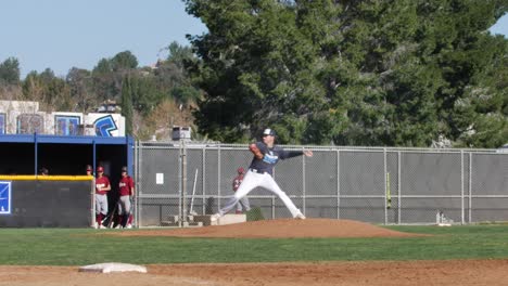 High-School-Baseball-game,-pitcher-throwing-on-the-mound,-slow-motion