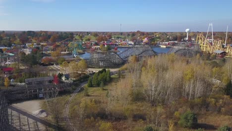Colorful-aerial-shot-of-rides-at-closed-amusement-park-in-Michigan