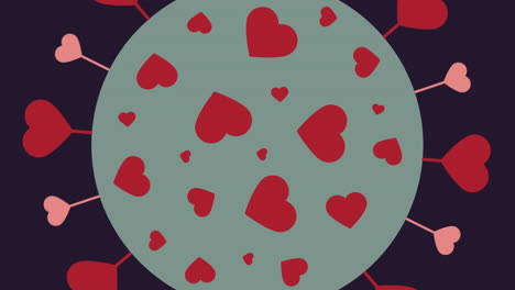 Liebesherzen-Zoomen-Heraus,-Enthüllen-Die-Coronavirus-Zelle,-Covid-Valentinstag-Animation