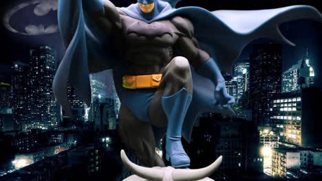 Actionfigur-Des-Batman-Mit-Gotham-City-Im-Hintergrund