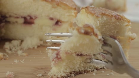 Eating-slice-of-Victoria-sponge-cake-with-fork-macro-shot