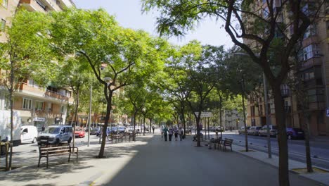 POV-Spaziergang-Auf-Einem-Boulevard-Mit-Bäumen-In-Barcelona