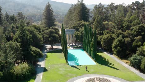 Aerial:-Las-Pulgas-Water-Temple,-Trees-and-Fountain