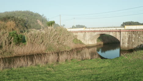 Ruhiger-See-Inmitten-Von-Goldenem-Gras-Mit-Bogenbrücke-Im-Alcobaca-Fluss-In-Der-Nähe-Von-Nazare-In-Portugal