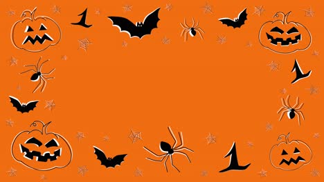 Garabatos-Dibujados-A-Mano-De-Halloween-Detener-La-Animación-En-Movimiento,-Con-Calabazas,-Arañas-Y-Murciélagos,-Sobre-Un-Fondo-Naranja