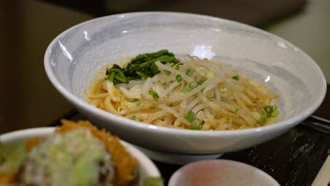 Closeup-of-Tonkatsu---a-Japanese-deep-fried-pork-cutlet---on-top-of-cabbage-with-a-side-of-beansprout-noodles-served-at-a-Japanese-sento-or-onsen---hot-spring
