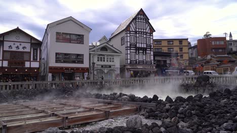 Hot-spring-fields-in-Kusatsu-Onsen-in-Japan-on-cloudy-day---side-shot