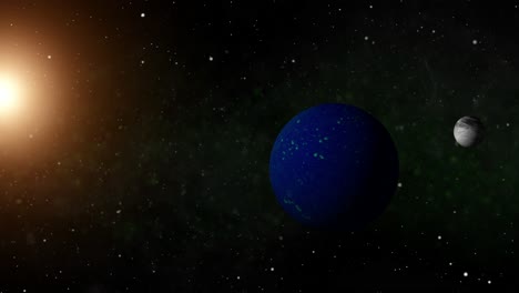 Space-travel-to-a-mostly-water-planet-with-a-pale-moon-and-yellow-sun-and-green-nebula-in-the-background
