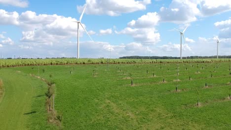 Drone-rises-over-a-grass-field-filled-with-wind-turbines-on-a-fluffy-cloud-day