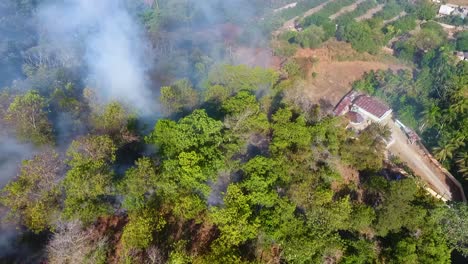 Aerial-view-of-a-tropical-forest-fire-near-a-farm,-sunny-day,-in-South-America---Tracking,-drone-shot