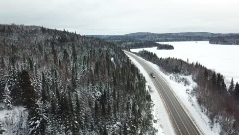 Frozen-white-icey-trees-forest-in-northern-Canada---Drone-4k-Aerial-by-the-highway-and-frozen-lake