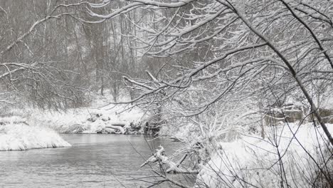 Panning-shot-of-tiny-stream-flowing-through-winter-landscape