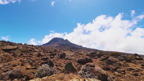 Time-lapse-shot-of-rocks,-plants-and-nature,-blue-sky-and-the-clouds-moving-above-mount-Kilimanjaro-summit,-on-a-sunny-day,-in-Tanzania,-Africa