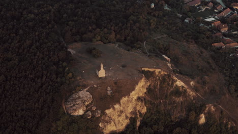 Closer-Aerial-view-of-Drazovce-castle-at-sunset