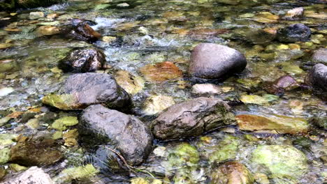 Agua-Que-Fluye-En-Un-Arroyo-De-Montaña-Con-Piedras