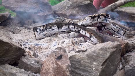 Closeup-of-a-smoky-campfire-with-white-wood-logs