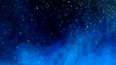 Partikel-Aus-Blauer-Biolumineszierender-Tinte,-Die-In-Flüssigem-Wasser-Fließen,-Mit-Bokeh-Lichtern-Und-Rauchigen-Effekten-Auf-Einer-Dunkelschwarzen-Weltraumwissenschafts-Hintergrundschleife