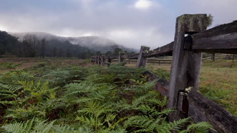 Time-lapse-of-clouds-rolling-over-a-meadow-with-a-wooden-fence-and-ferns-in-the-foreground