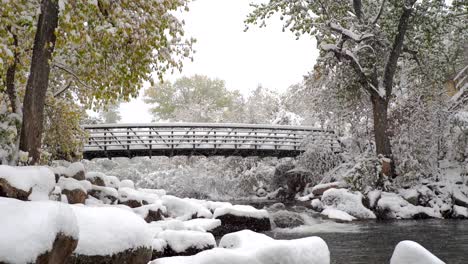 Snow-falling-in-slow-motion-in-the-Boulder-Creek,-Boulder,-Colorado