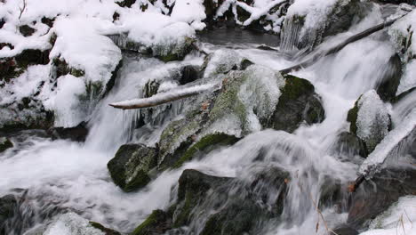 Close-up-of-a-small-waterfall-flowing-over-rocks-and-ice-in-a-snow-covered-forest-in-Chugach-state-park-Alaska