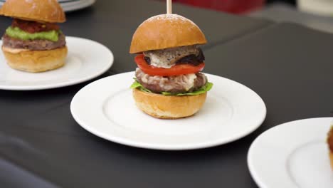 SLOWMO---Mini-grilled-BBQ-beef-burgers-with-cheese,-tomato-and-salad