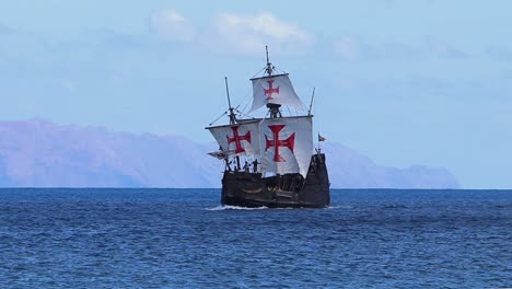 Genuine-flagship-replica-of-the-La-Santa-María-de-la-Inmaculada-Concepción-or-La-Santa-María,-originally-La-Gallega-captained-by-Christopher-Columbus-first-voyage-across-the-Atlantic-Ocean-in-1492