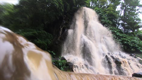 Go-Pro-shot-of-the-waterfall-at-Ribeira-dos-Caldeiroes-natural-park,-Achada,-Nordeste-region,-Sao-Miguel-island,-Azores