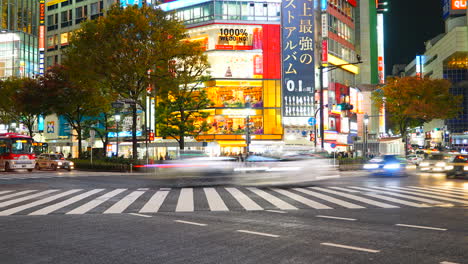 Tokyo-Japan---Circa-Panning-time-lapse-of-night-traffic-in-Shibuya,-Tokyo,-Japan
