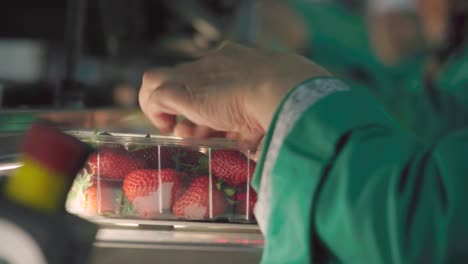 Person-weighing-strawberries-in-industrial-assembly-line,-Slow-Motion-Close-Up