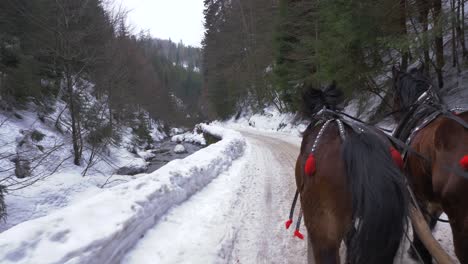 Two-horses-pull-a-sleigh-in-a-snowy-vallley-next-to-a-river