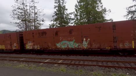 Fahren-An-Einem-Stehenden-Zug-Vorbei,-Auf-Dem-Graffiti-Sind