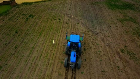 Aerial-birds-eye-shot-of-a-tractor-plowing-a-crop-field-in-South-America