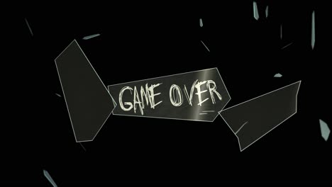 Text:-GAME-OVER---Glass-shards-fly-towards-us-after-an-explosion---motion-design---Including:-Textless-Version-and-Tracking-Matte---4K