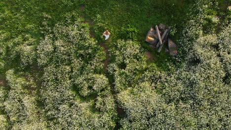 Aerial-of-Young-Woman-Walking-Out-of-a-Field-of-Flowers