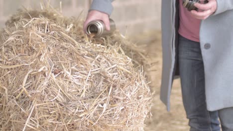 Woman-taking-a-break-on-bale-of-hay