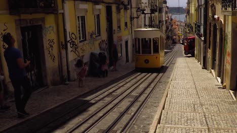 Die-Berühmte-Gelbe-Straßenbahn-In-Lissabon-Fährt-Auf-Einer-Schmalen-Straße-Hinunter
