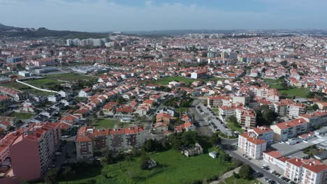 Super-wide-aerial-view-of-typical-Portugese-houses---suburban-Lisbon-neighborhood