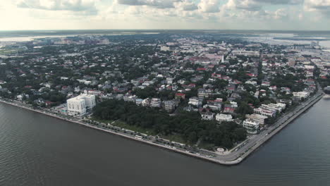 Aerial-pan-around-the-Battery-in-Charleston,-South-Carolina,-USA-on-cloudy,-summer-day
