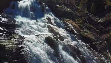 Aerial-shot,-Eagle-Falls,-Lake-Tahoe-flying-towards-waterfalls,-California,-USA,-drone