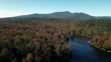 Aerial-of-Price-Lake-with-Grandfather-Mountain-in-background-in-4k
