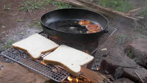 Close-up-shot-of-tomatoes-frying-in-a-pan-over-a-campfire-while-bread-is-being-toasted-on-a-grill