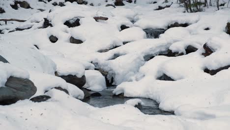 WIDE-VIEW-Glaciar-water-brook-flowing-through-snow-covered-rocks