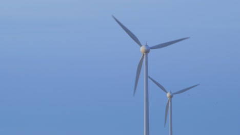 Wind-turbine-farm-producing-renewable-energy-for-green-ecological-world-at-beautiful-sunset,-medium-shot