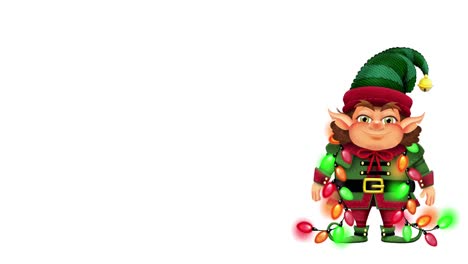 4k-Animated-illustration-of-happy-Christmas-elf-with-blinking-string-lights-waving-on-white-background