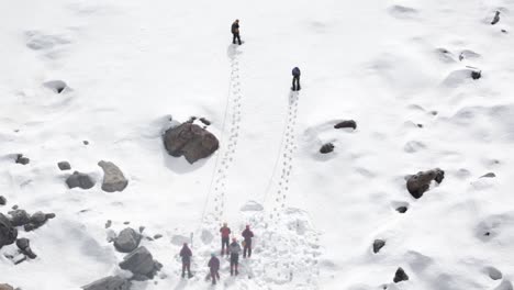Aerial-view-of-mountaineers-in-upper-Himalayas,-himalayan-mountain