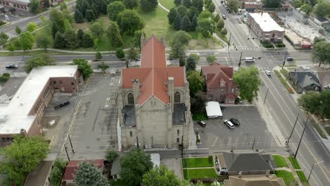Aerial-view-of-St-Dominics-Catholic-Church-Pans-up-to-Denver