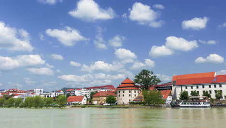 Maribor,-Slovenia-with-Lent-district,-popular-waterfront-with-visitors-and-travelers