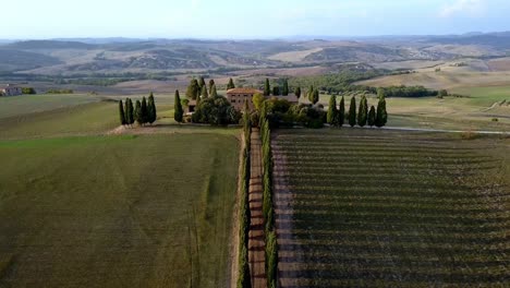 Cypress-trees-along-a-road-to-a-traditional-farm-villa-in-Tuscany,-Italy,-Aerial-dolly-in-shot