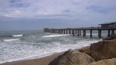 Still-stable-shot-of-the-jetty-and-coast-at-Swakopmund,-Namibia